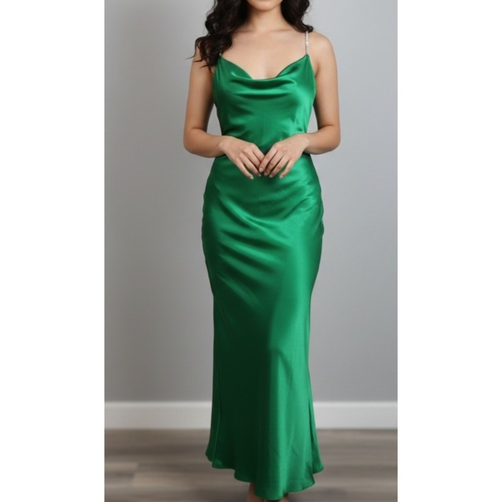 Tash + Sophie Emerald Green Satin Cowl Neck Maxi Dress Rhinestone‎ Straps Small